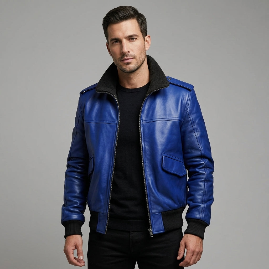 Men's Blue Aviator Leather Bomber Jacket - Leather Outlet