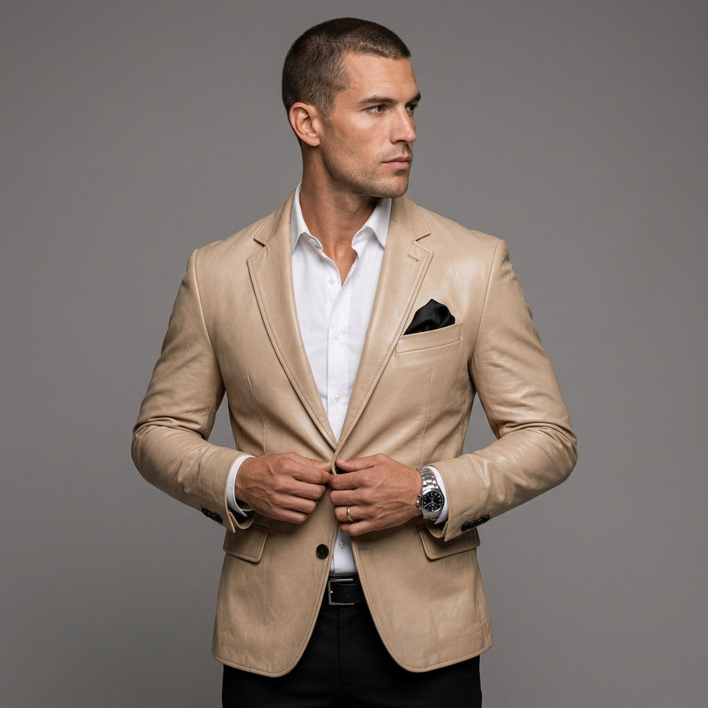 Men's Beige Leather Blazer