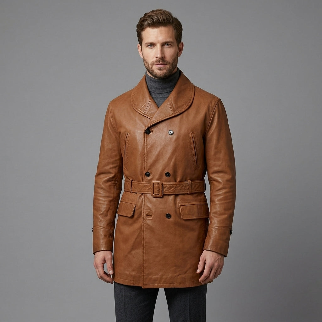 Men's Brown Leather Trench Coat