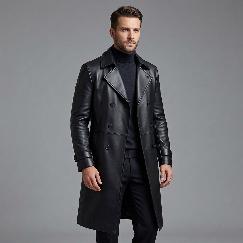 Men's Matte Black Leather Trench Coat - Leather Outlet