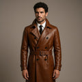 Men's Shinny Brown Leather Trench Coat