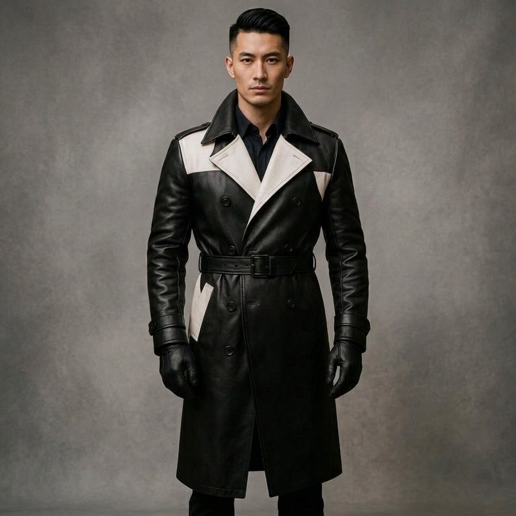 Men's Black & White Leather Trench Coat