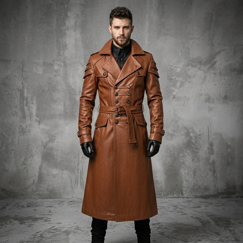 Men's Brown Leather Trench Coat