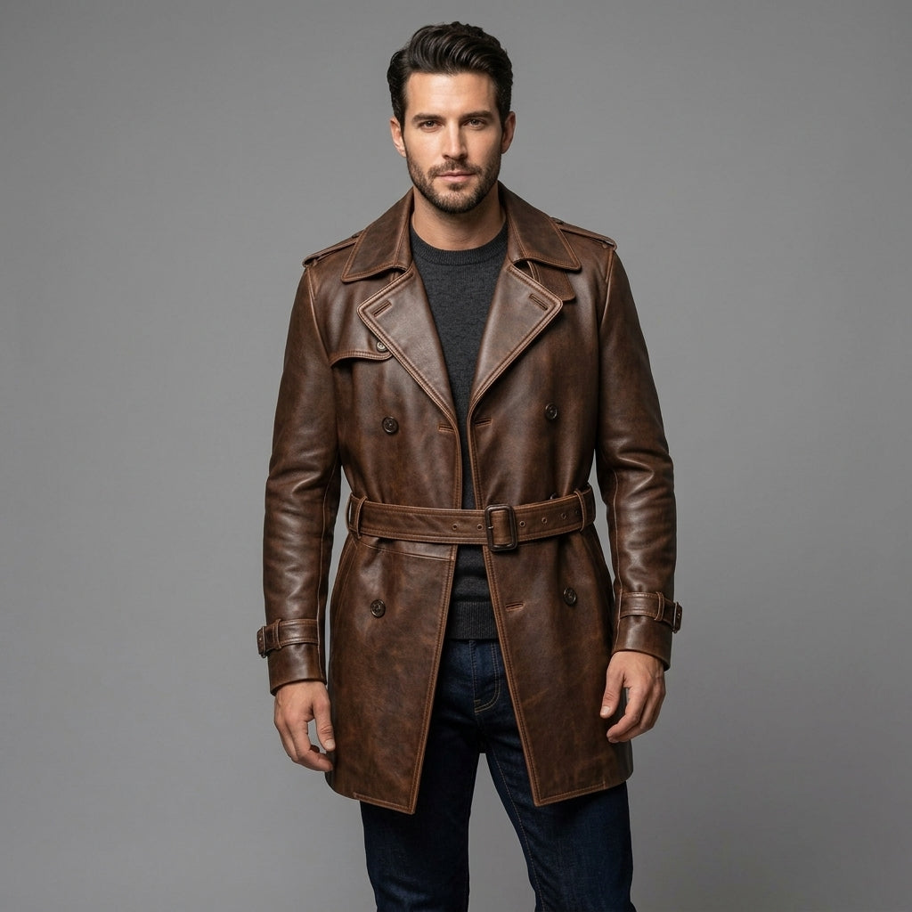 Men's Rustic Brown Leather Trench Coat - Leather Outlet