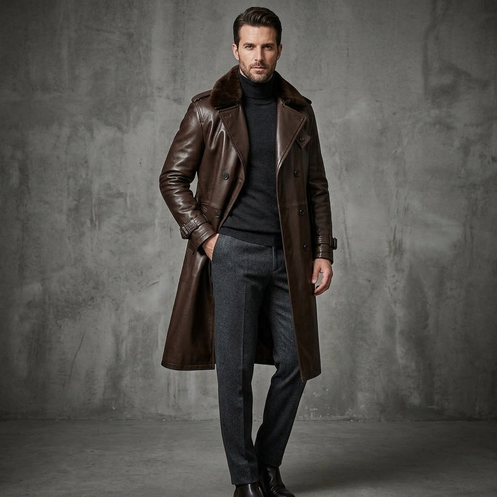 Men's Brown Leather Trench Coat
