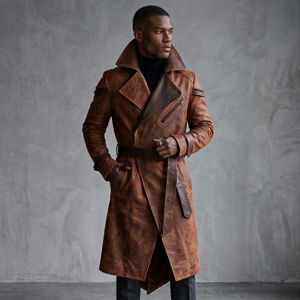 Men's Brown Leather Trench Coat