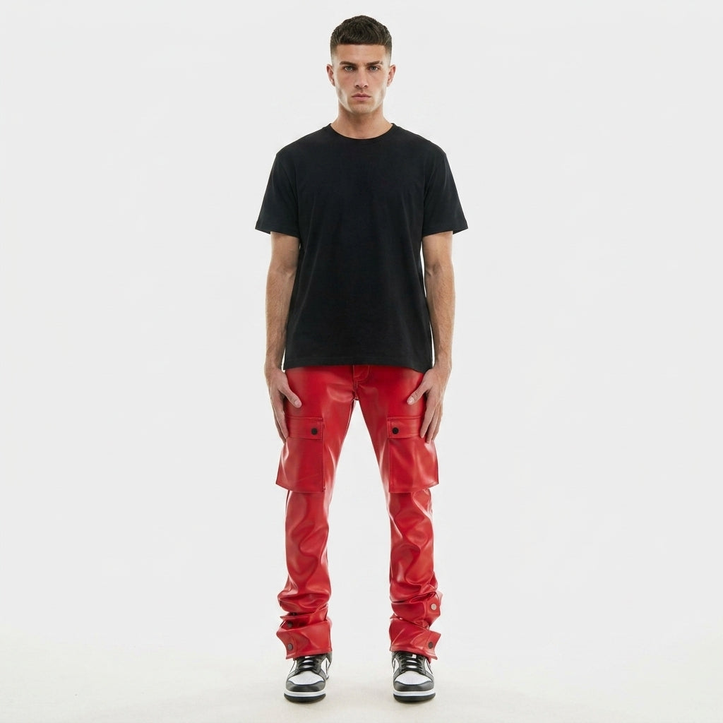 Men's Red Leather Cargo Pants – Slim Fit Biker Utility Trousers