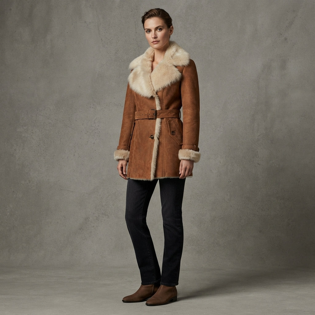 Women's Brown Beige Shearling Jacket