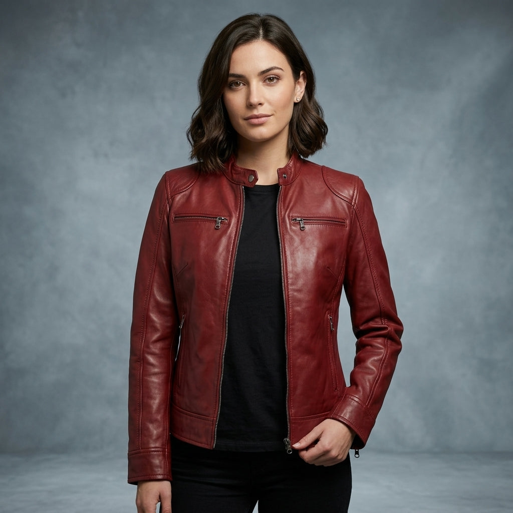 Women's burgundy cafe racer leather jacket with band collar and chest zip pockets