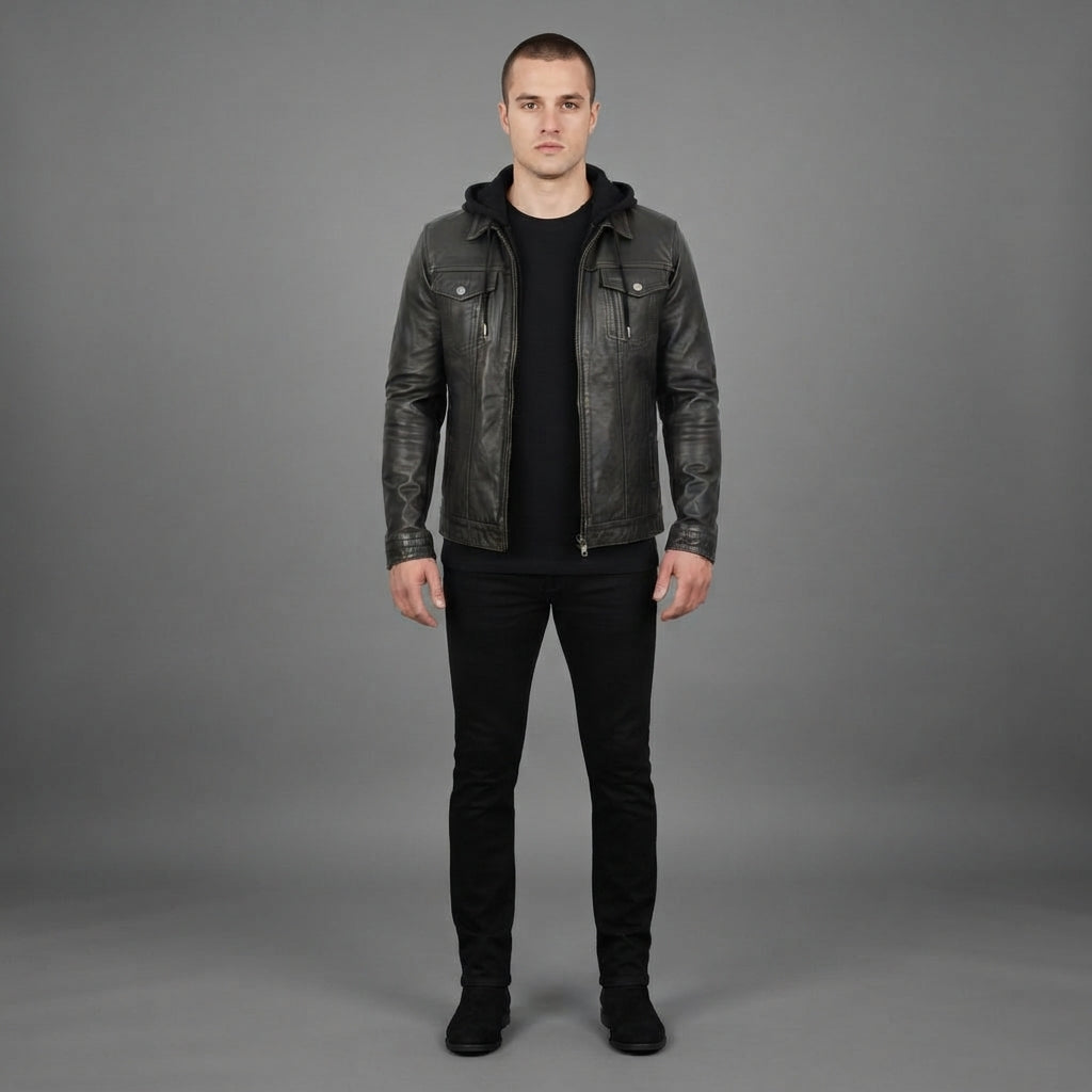 Men's Black Leather Hooded Jacket