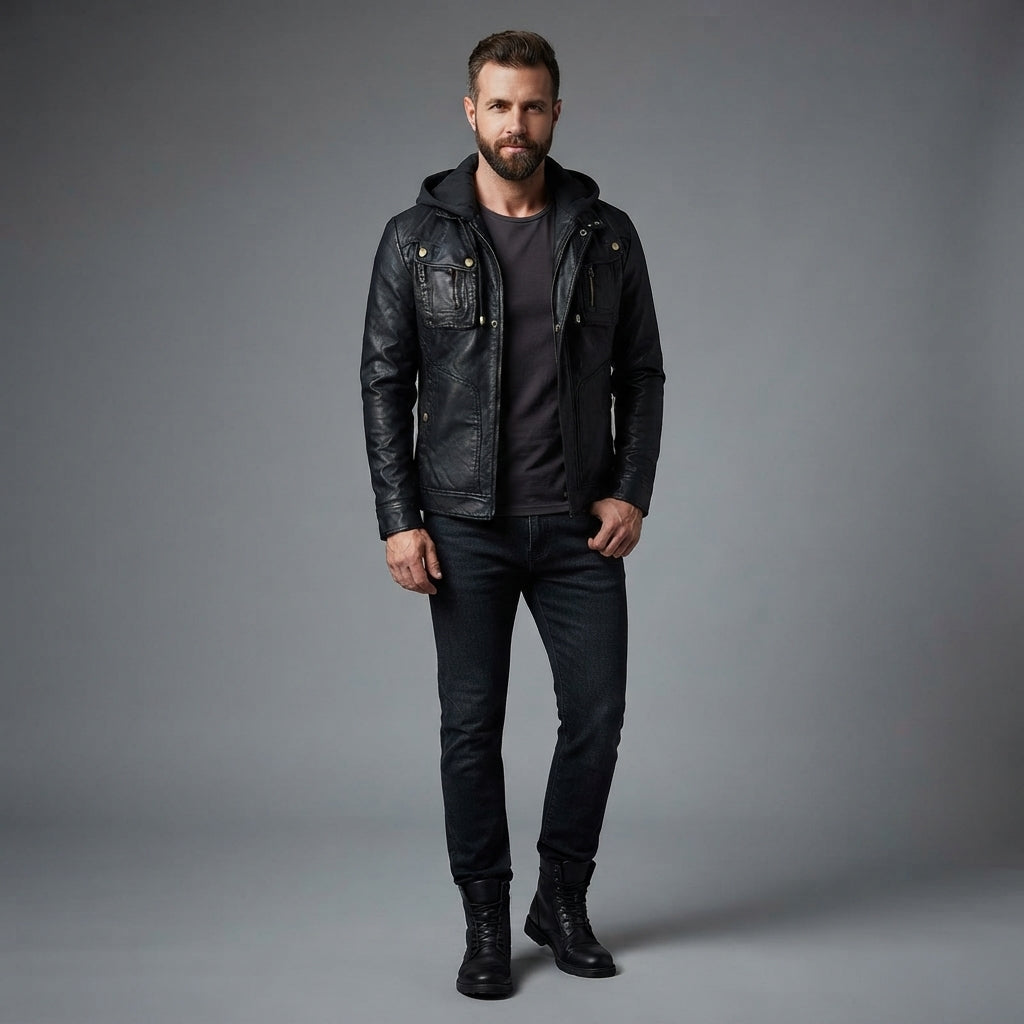 Men's Detachable Hoodie Black Biker Leather Jacket