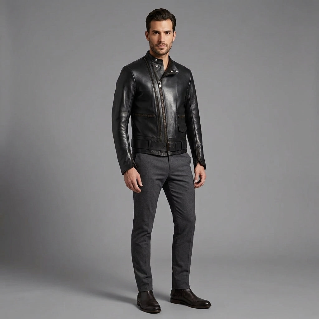 Men's Black Plain Leather Jacket - Leather Outlet