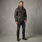 Men's Grey Brown Leather Hooded Jacket
