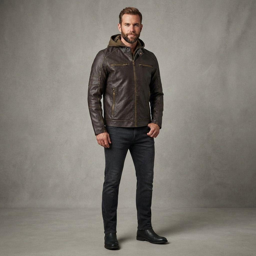 Men's Grey Brown Leather Hooded Jacket