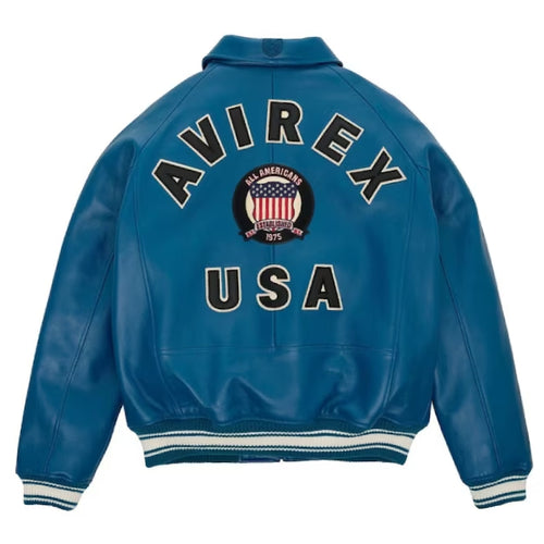Avirex Military Blue Bomber Leather Jacket Leather Outlet