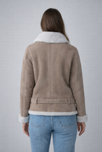 Load image into Gallery viewer, Women's Beige Suede Shearling Biker Jacket
