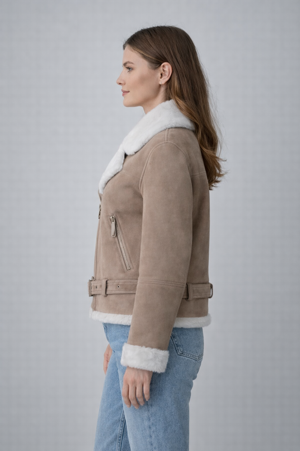 Women's Beige Suede Shearling Biker Jacket