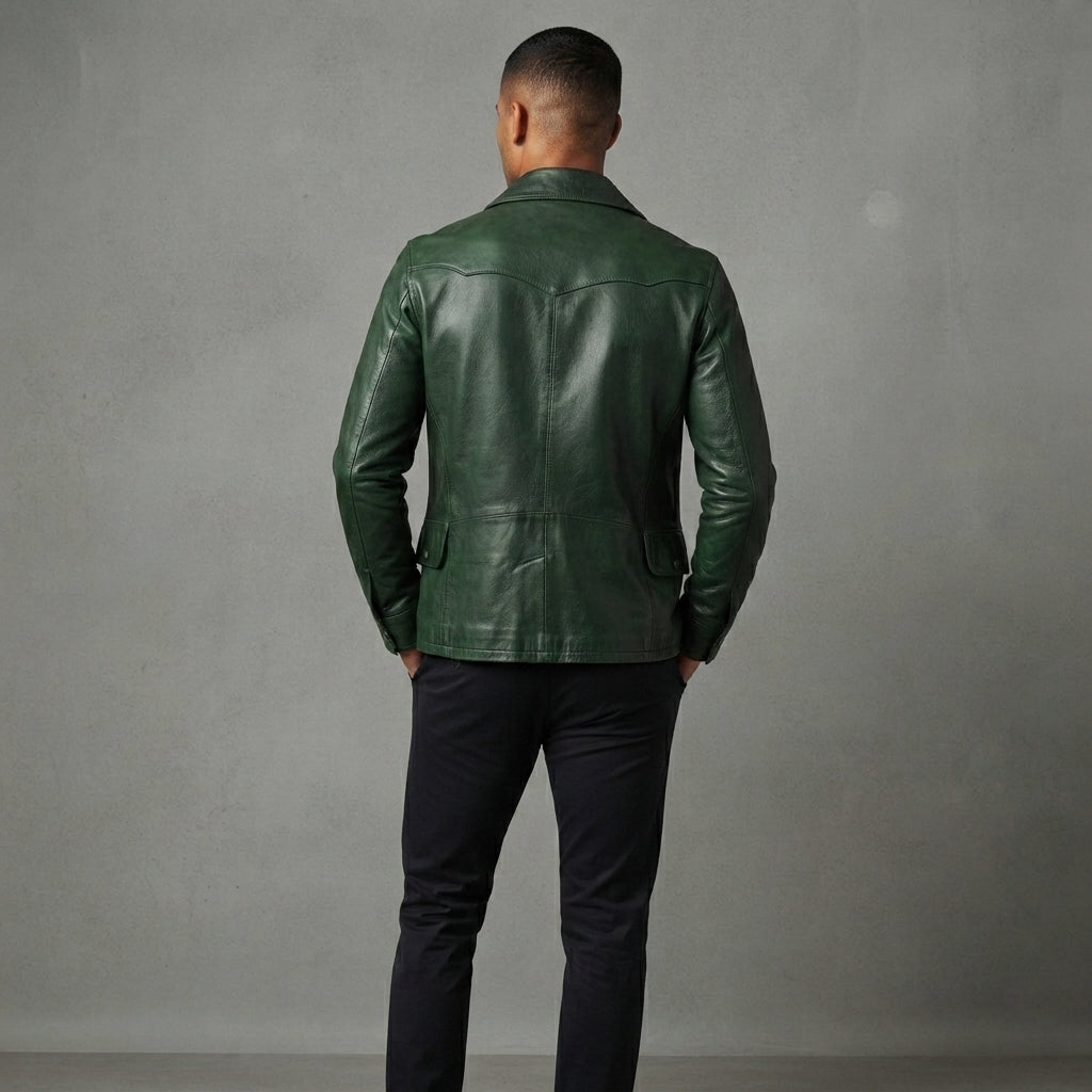 Vintage Green Biker Leather Jacket For Men