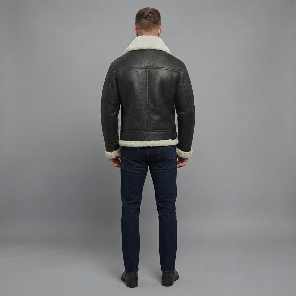 Men's Black Aviator Shearling Leather Jacket