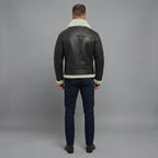 Men's Black Leather  Jacket with White fur