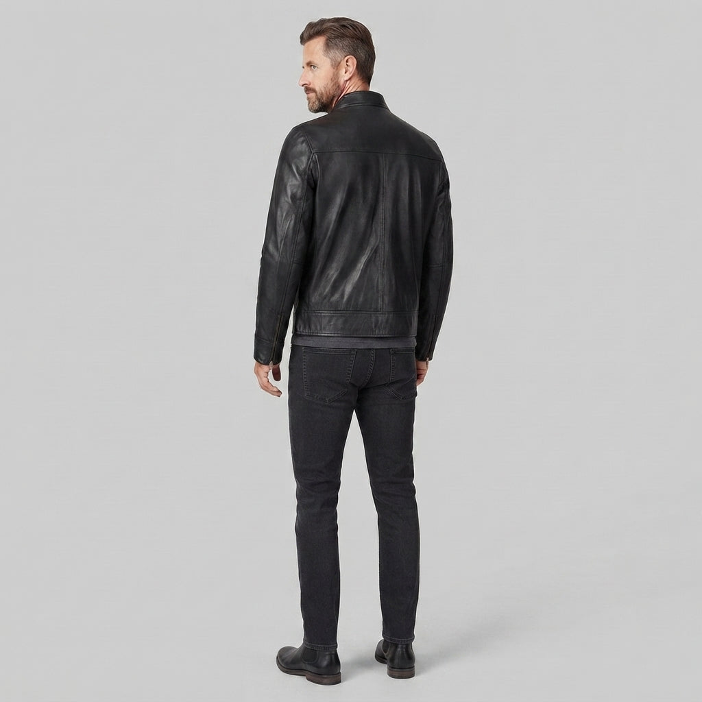 Basic Black Moto Cafe Racer Biker Leather Jacket for Men