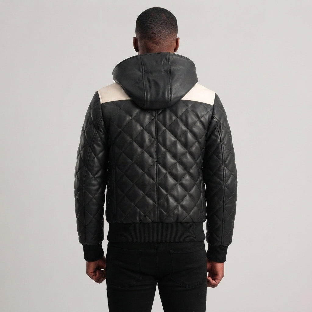 Buy Black-White Hooded Bomber Leather Puffer Jacket