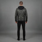 Men's Black Leather Hooded Jacket