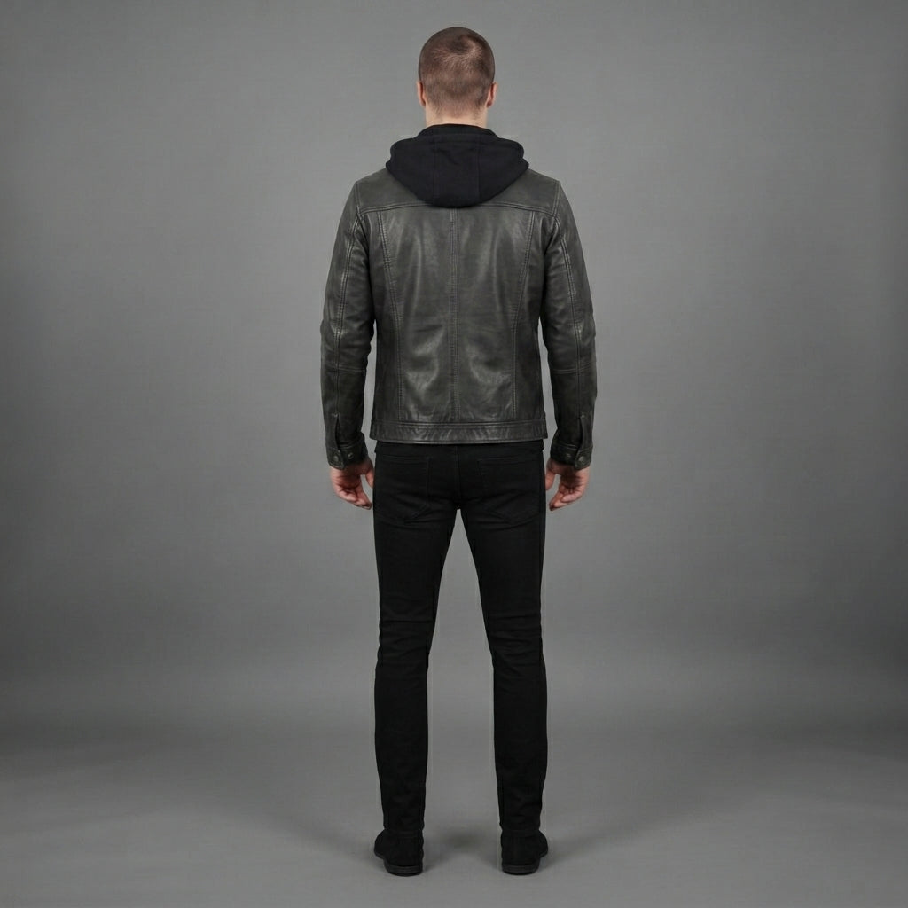 Men's Black Leather Hooded Jacket