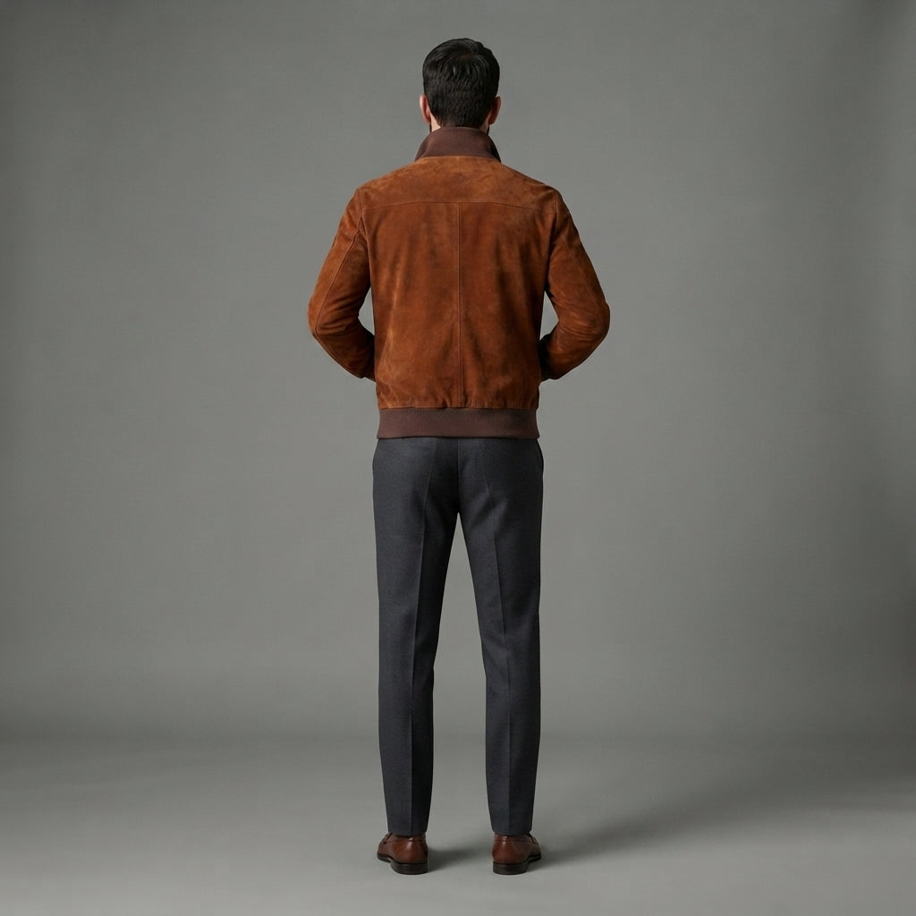 Men's Suede Blouson Long Sleeve Leather Jacket