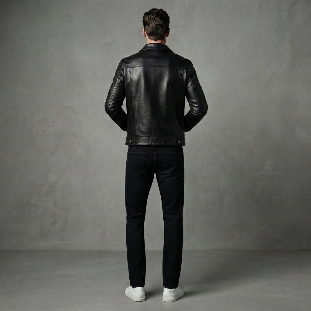 Men's Genuine Leather Button-Up Trucker Jacket