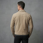 Men's Beige Leather Trucker Jacket - Leather Outlet