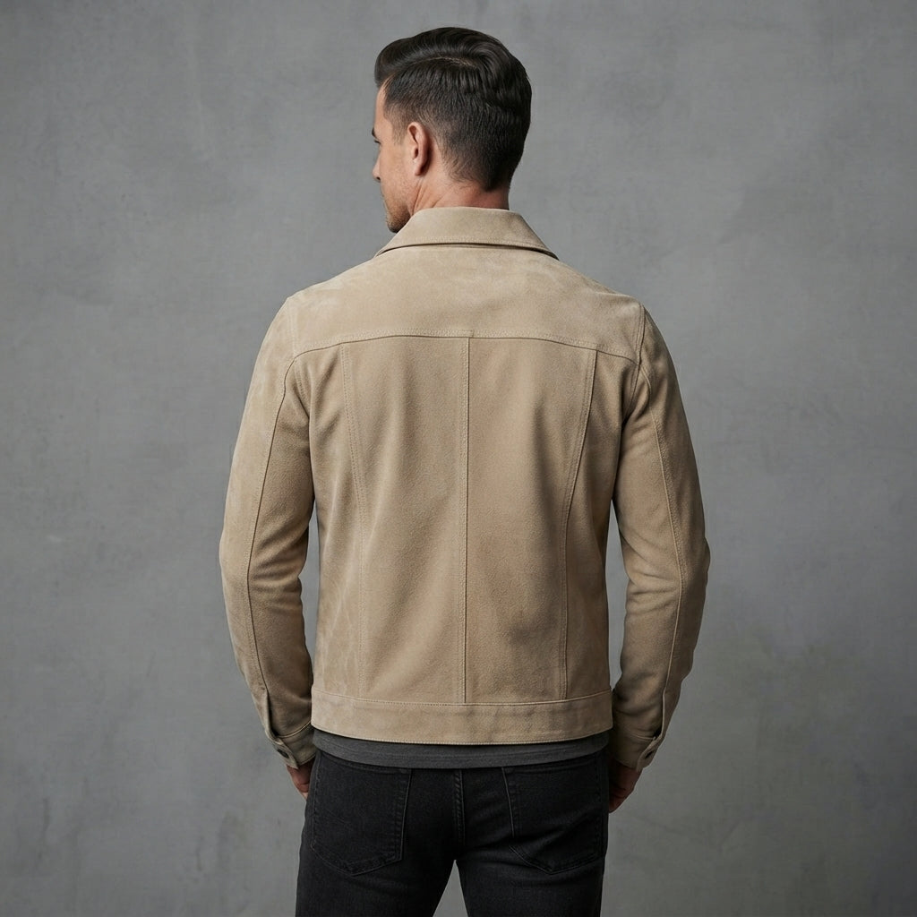 Men's Beige Leather Trucker Jacket - Leather Outlet