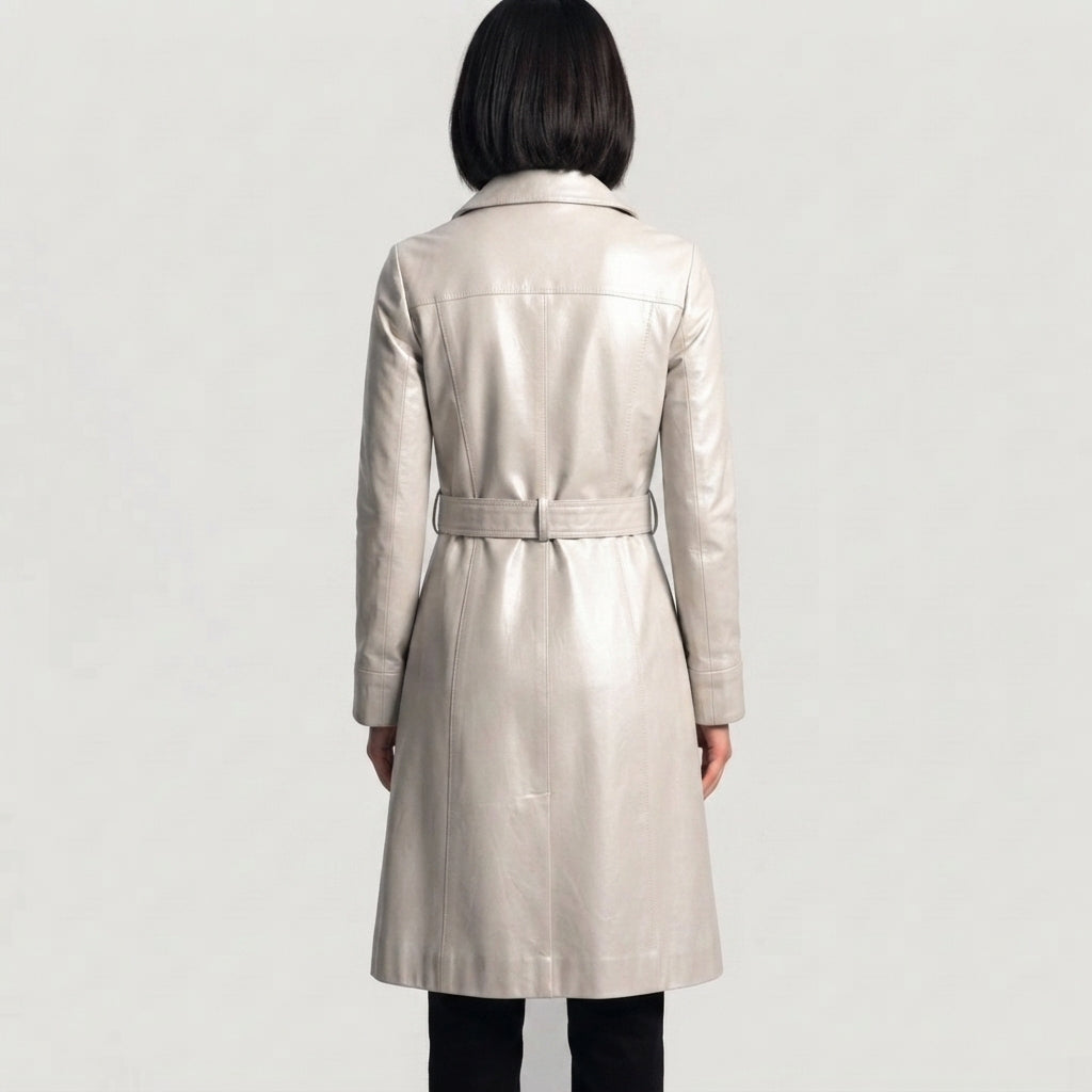 Women's  Faux White Leather Trench Coat