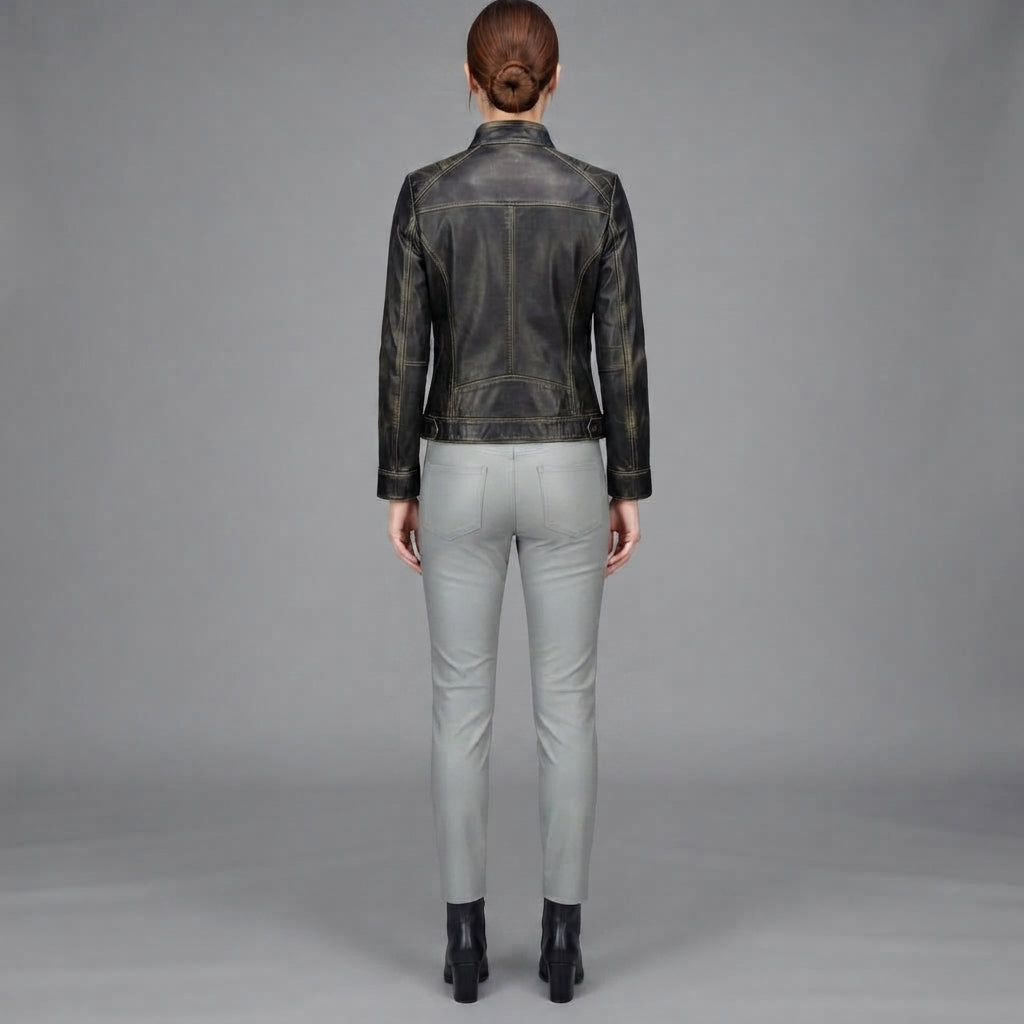 Buy Women's Black Rub-off Cafe Racer Leather Jacket