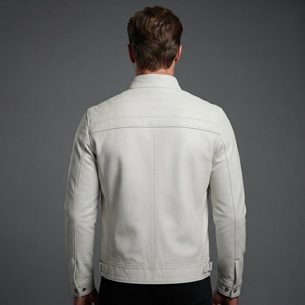 Men's Classic White Leather Cafe Racer Jacket