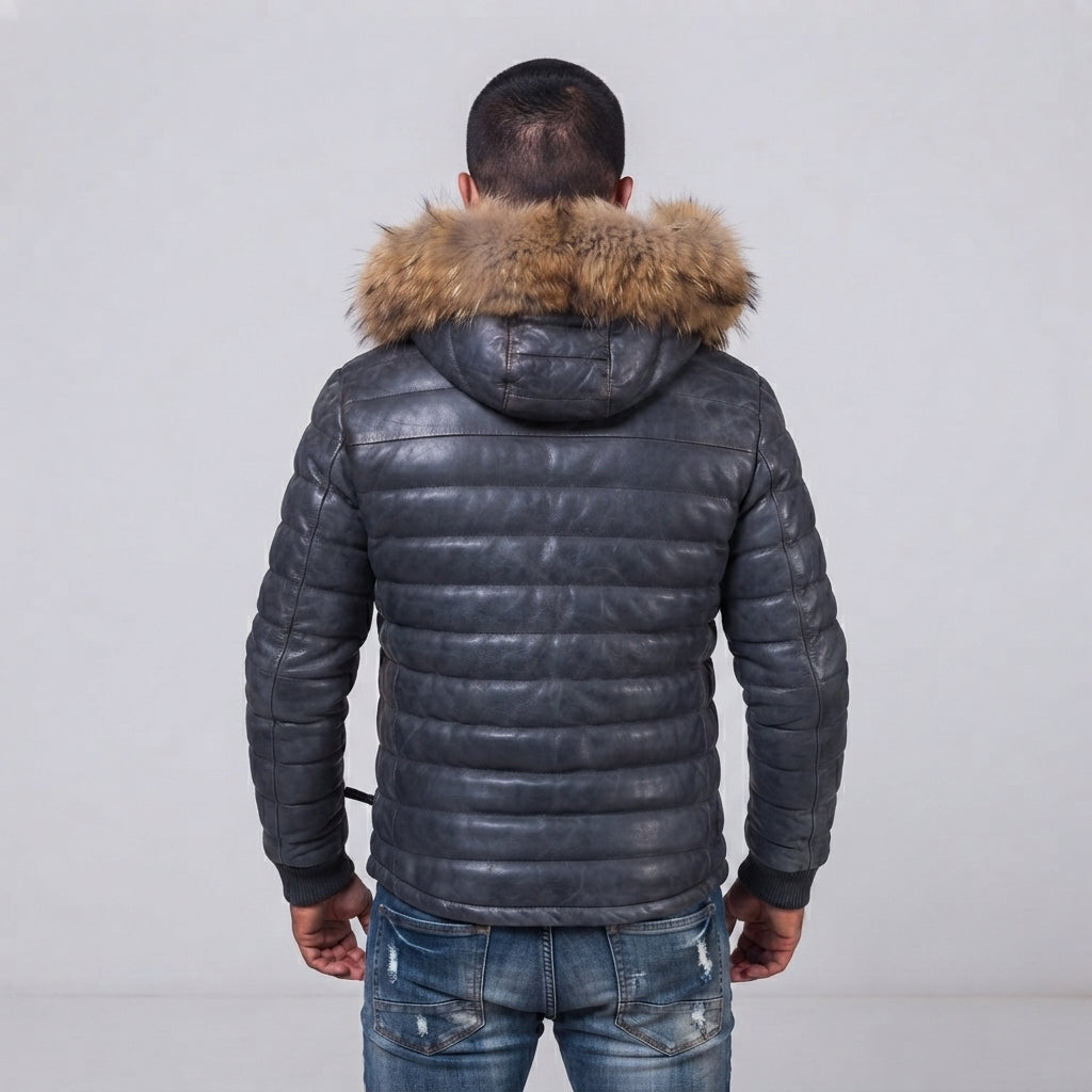 Men's Grey & Orange Down Leather Jacket