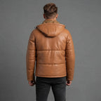 Men's Waxed Brown Hooded Leather Puffer Jacket