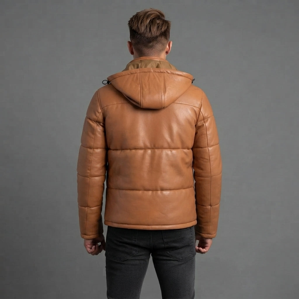 Men's Waxed Brown Hooded Leather Puffer Jacket