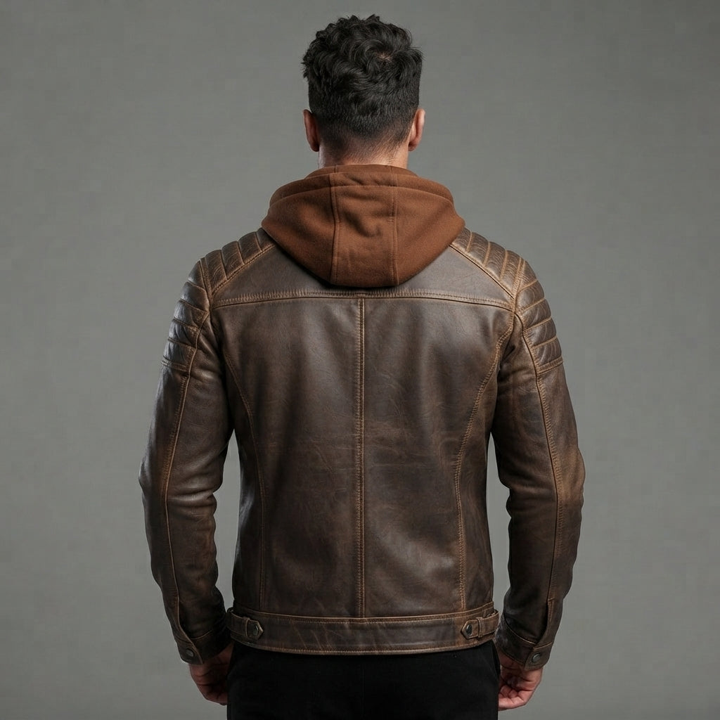 Men's Voguish Brown Detachable Hooded Leather Jacket