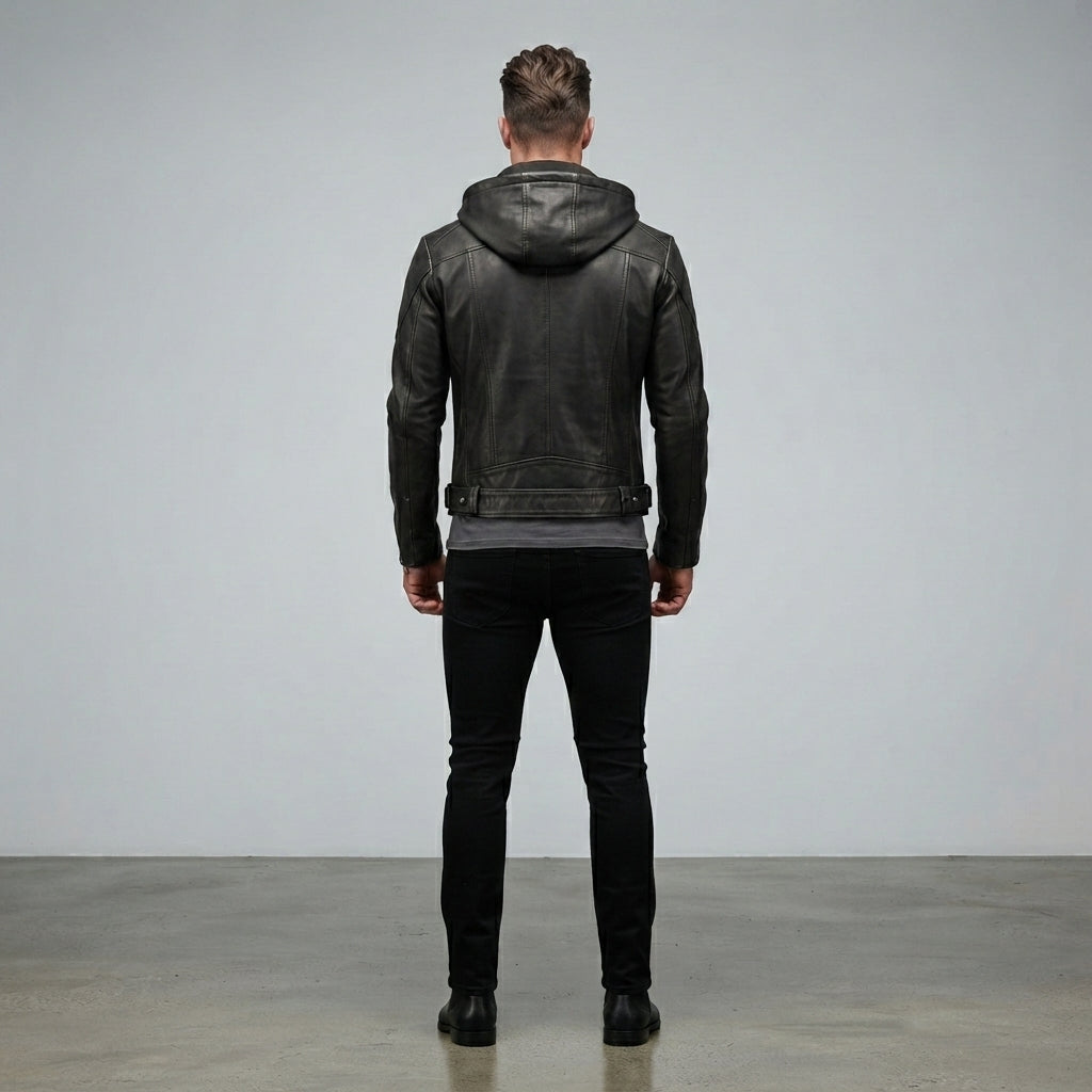 Men's Black Hooded Leather Jacket