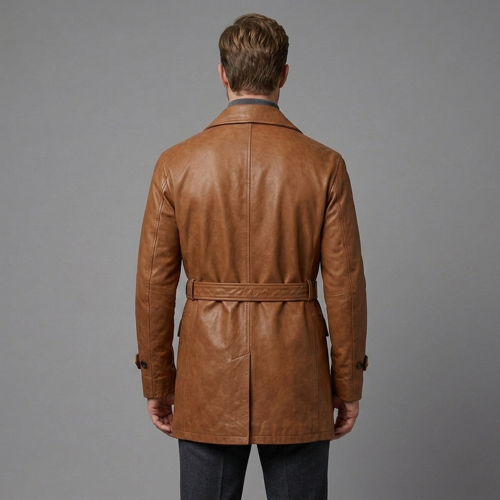 Men's Brown Leather Trench Coat