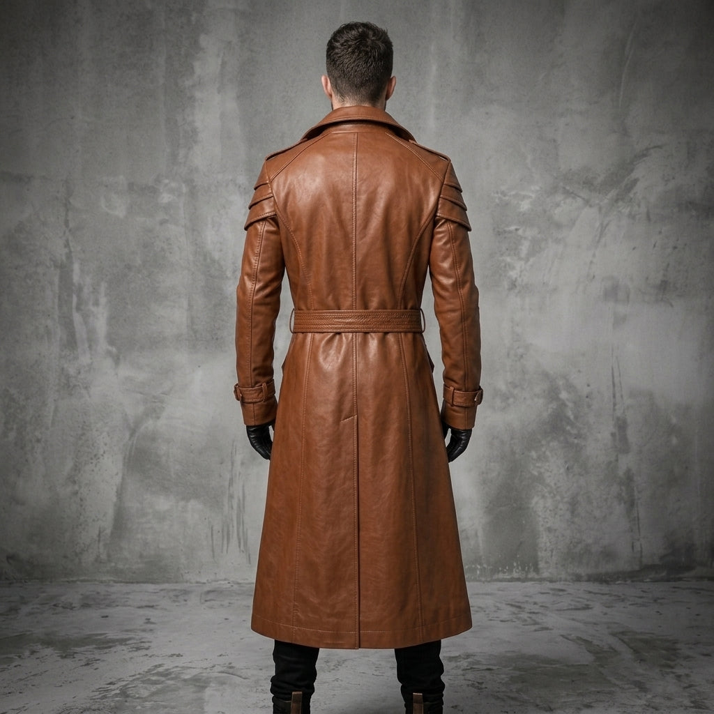 Men's Brown Leather Trench Coat