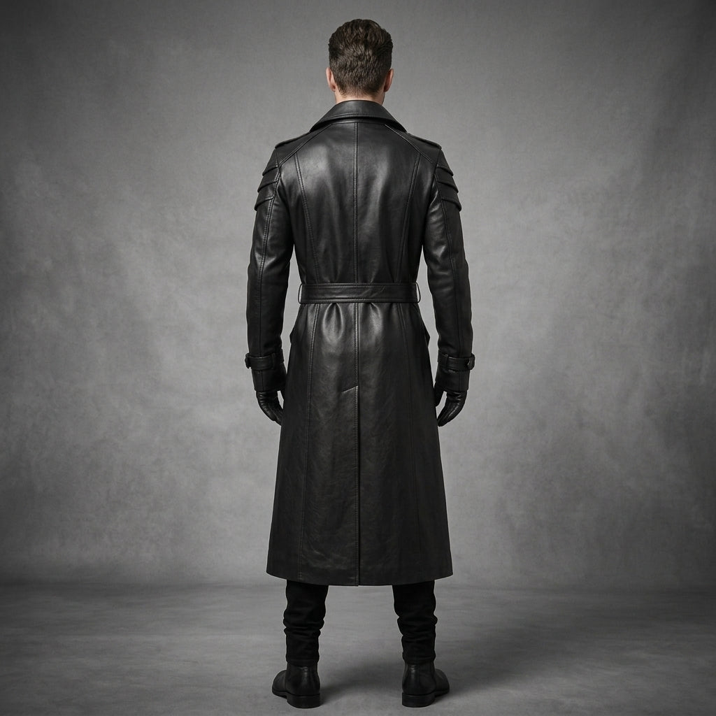 Men's Black Leather Trench Coat