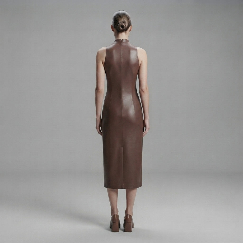 Buy Women's Brown  Sleeveless Leather Dress