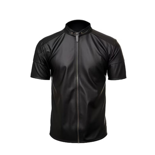 Black Leather Half-sleeves Shirt Leather Outlet