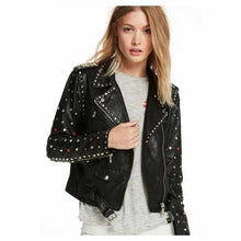 Load image into Gallery viewer, Black Women Studded Leather Motorcycle Jacket

