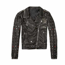 Load image into Gallery viewer, Black Women Studded Leather Motorcycle Jacket
