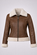 Load image into Gallery viewer, Women's Brown Leather Shearling Jacket
