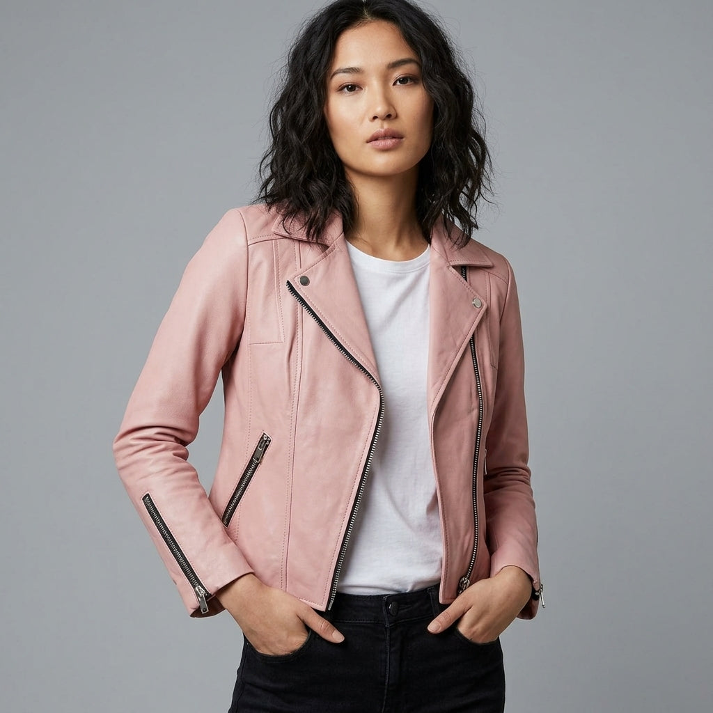 Women's pink leather motorcycle jacket front view with notched lapels and angled zip