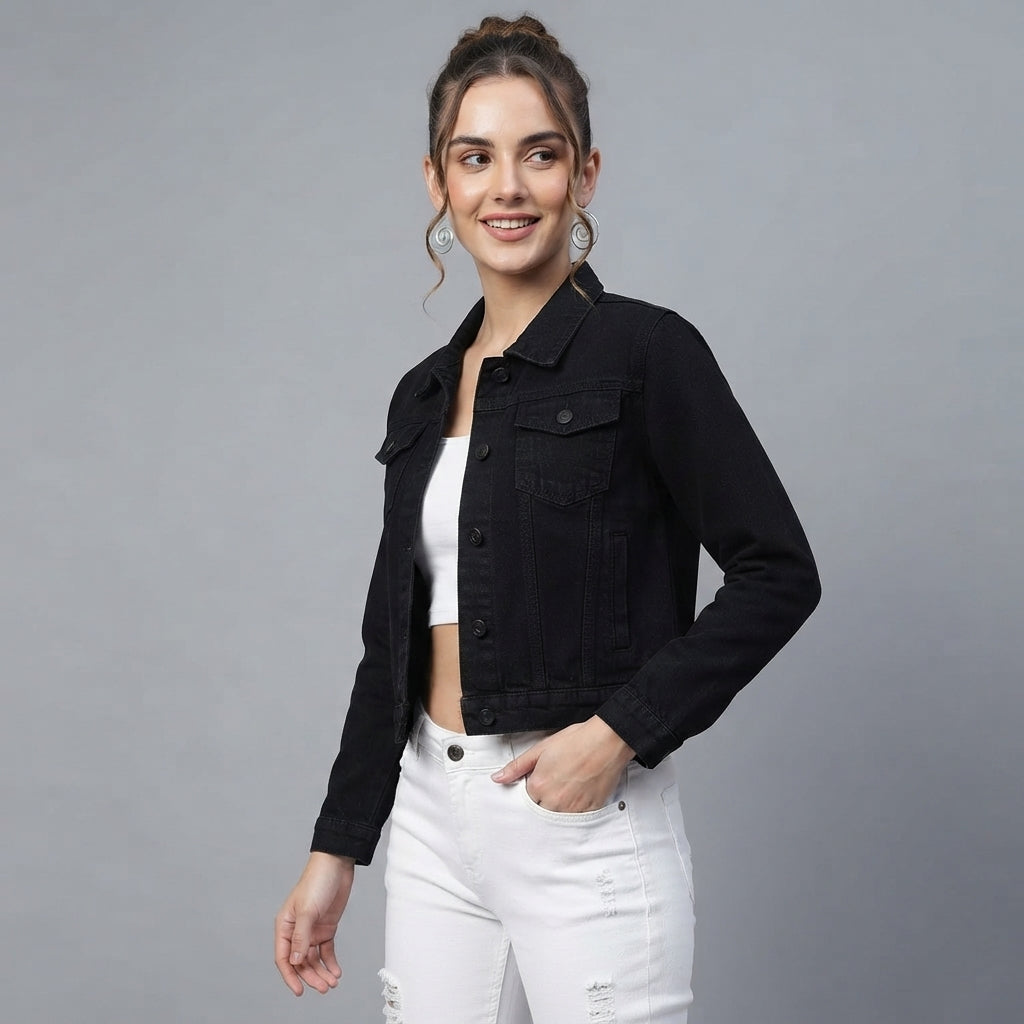 Buy Roman Black Classic Cotton Denim Jacket  for Women's